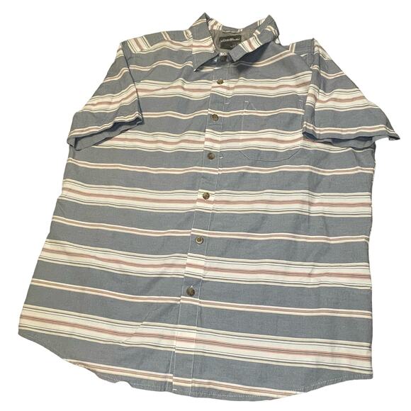 EDDIE BAUER MENS CASUAL BUTTON DOWN GRAY PINK AND WHITE STRIPED SHIRT MED/LARG - Picture 1 of 3